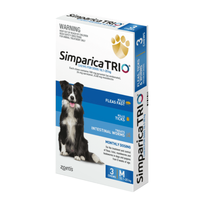 Simparica TRIO Flea Worming & Tick Treatment for Medium Dogs from 10.1kg - 20kg - Image 2