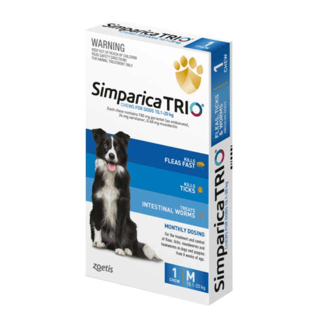 Simparica TRIO Flea Worming & Tick Treatment for Medium Dogs from 10.1kg - 20kg